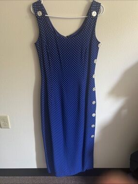 Vintage Santa Fe Royal Blue/White Polka Dot 10 Buttons Lined Zip Maxi Dress: S
